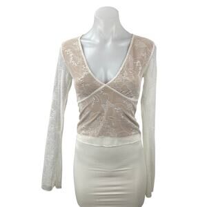 I.AM.GIA Yvette White Beige Floral Lace Layered Long Sleeve V Neck Blouse Top S